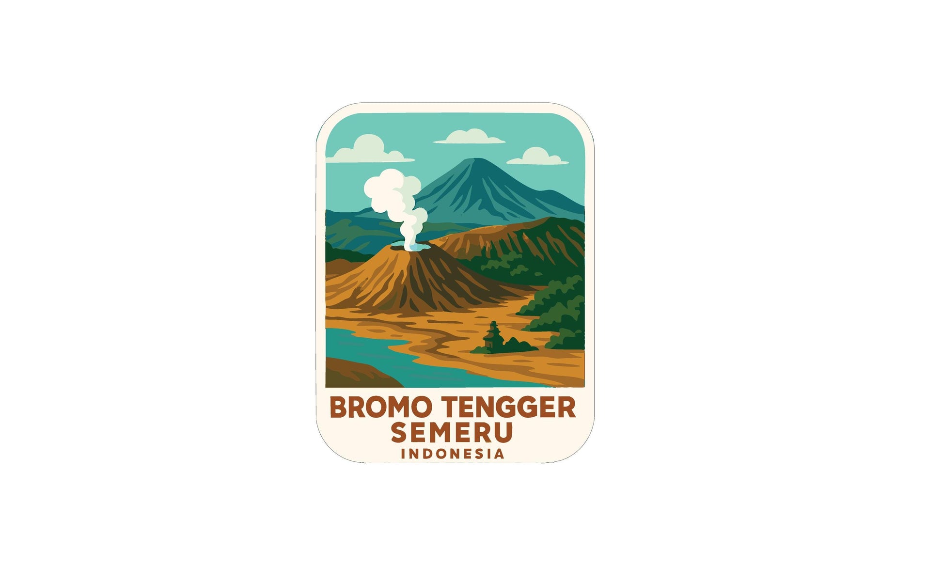 a sticker or label with a landscape depicting a mountain range, a river, and a volcano. The text "BROMO TENGGER SEMERU INDONESIA" is displayed below the image.