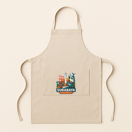 A beige apricot with a graphic of Surabaya printed on it.