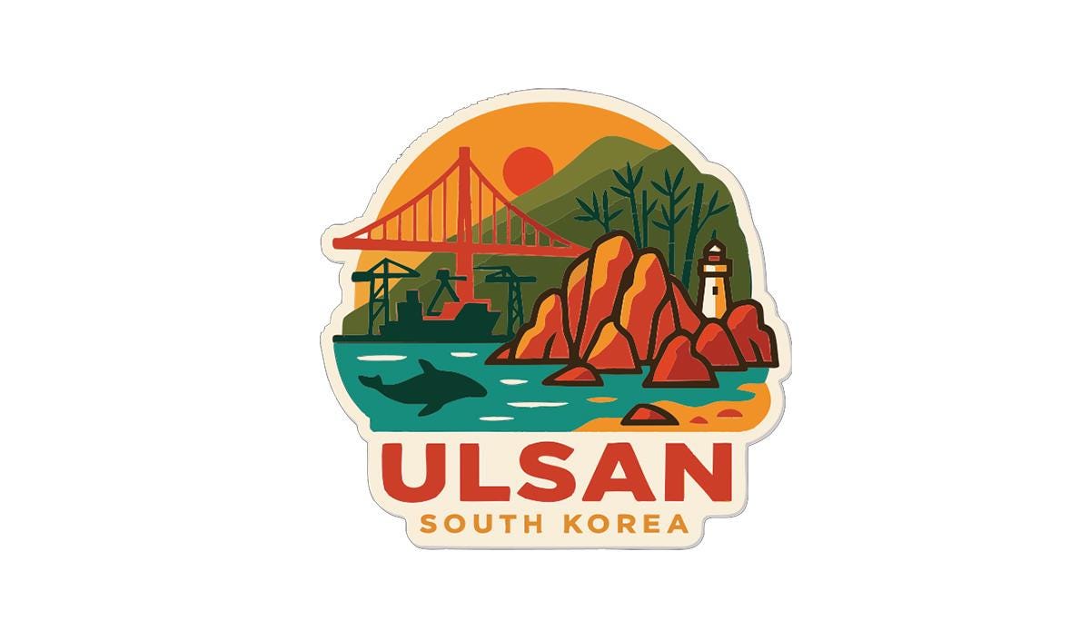 A sticker depicting a scenic view of Ulsan, South Korea, with a bridge, lighthouse, and ocean in the background.