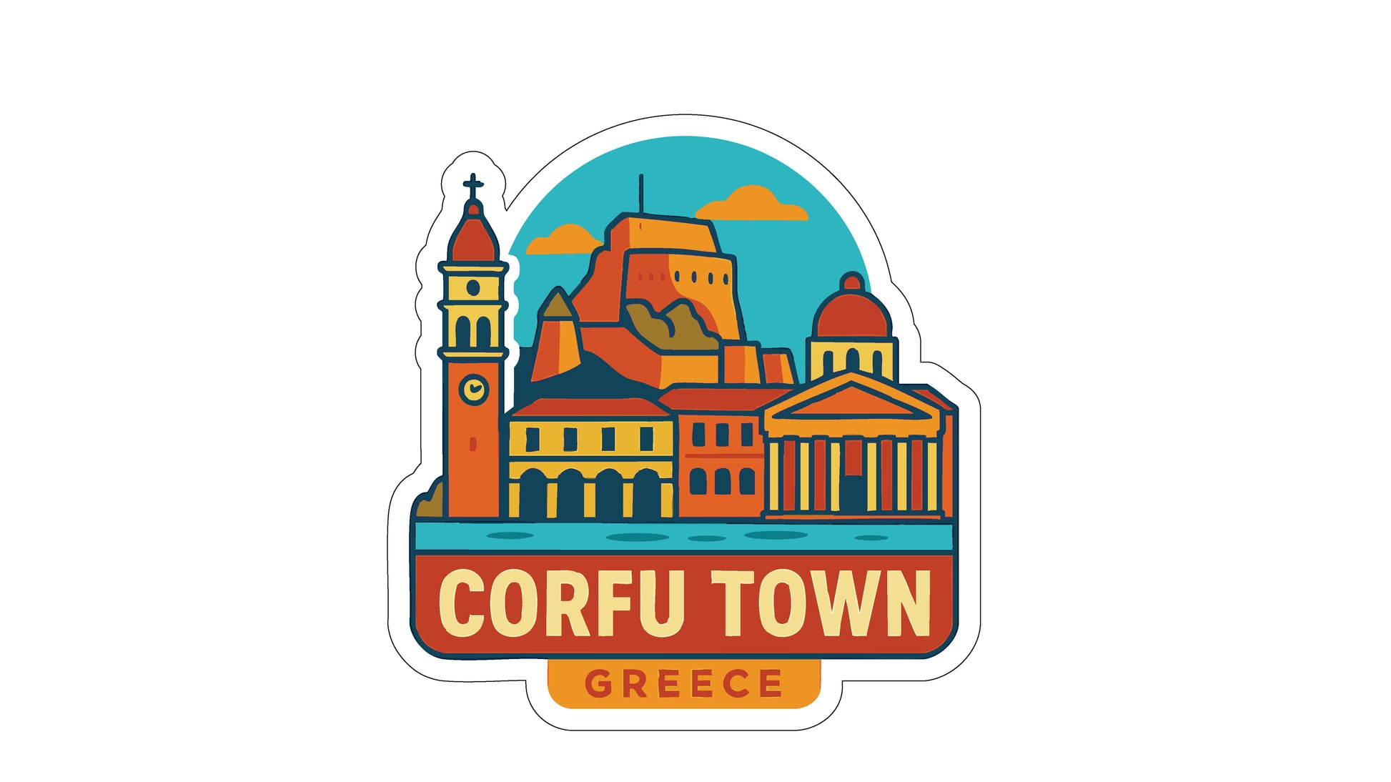 a sticker or emblem depicting the town of Corfu, Greece.