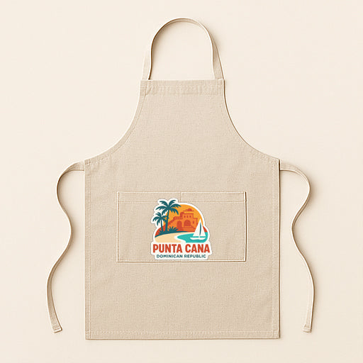 A beige apricot with a logo for Puntas Canas, a Dominican Republic island, printed on it.