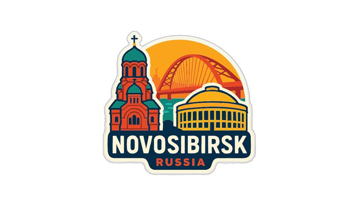 a sticker or emblem with the text "NOVOSIBIRSK RUSSIA" prominently displayed. The sticker includes various landmarks and architectural elements, such as a church, a bridge, and a dome, all set against a colorful background.