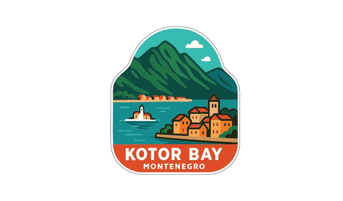 A sticker or label depicting the scenic town of Kotor Bay, located in the mountainous region of Montenegro. The town is surrounded by a picturesque landscape with mountains, a lake, and a small island. The image also features a lighthouse, adding to the coastal charm of the scene. The text "Kotor Bay, Montenegro" is prominently displayed, indicating the location and name of the town.