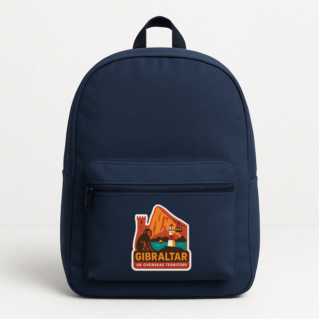 A navy blue backpack with a graphic on the front that says "GIBRALTAR UK OVERSEAS TERRITORY".