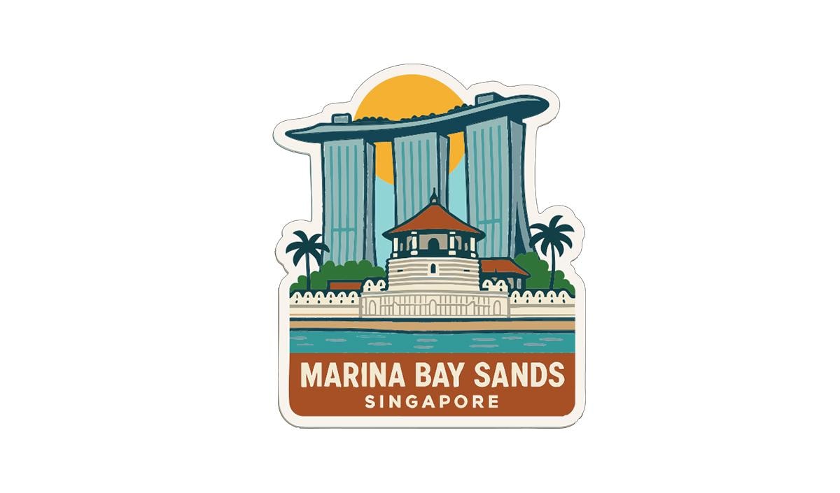 A sticker depicting the Marina Bay Sands hotel in Singapore, with the hotel's iconic towers and palm trees in the background.