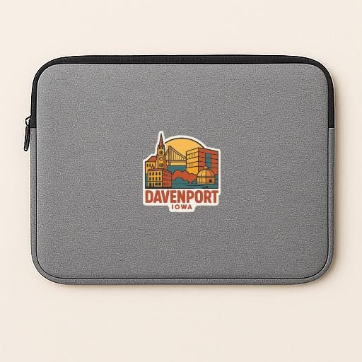 a gray laptop sleeve with a sticker of the town of Davenport, Iowa.