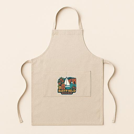 A beige apricot with a graphic design on the front pocket, featuring a sailboat and the text "Bayfield".