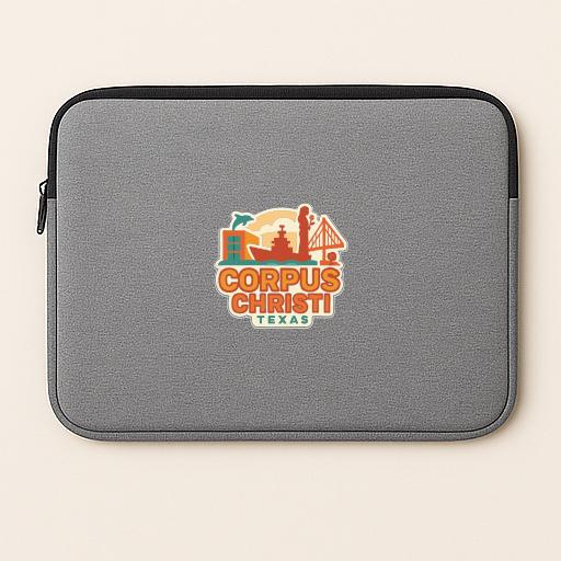 a gray laptop sleeve with a logo on it.