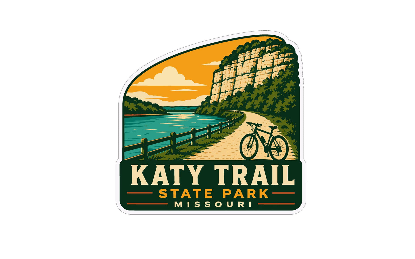 A sticker or label featuring a scenic landscape with a river, a mountain, and a bicycle, along with the text "KATY TRAIL STATE PARK MISSOURI".