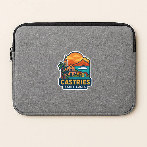 a gray laptop sleeve with a colorful logo for Castries, Saint Lucia.
