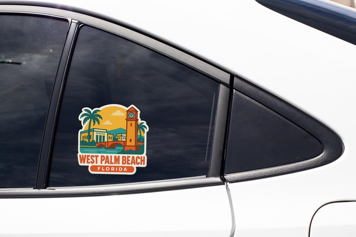 A sticker on the side of a car window, depicting a tropical beach scene with palm trees and a clock tower.
