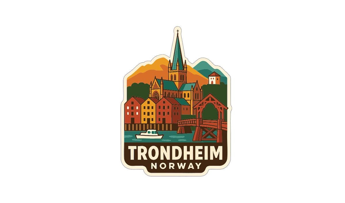 A sticker depicting the Trondheim, Norway, with a church spire, buildings, and a bridge in the background.