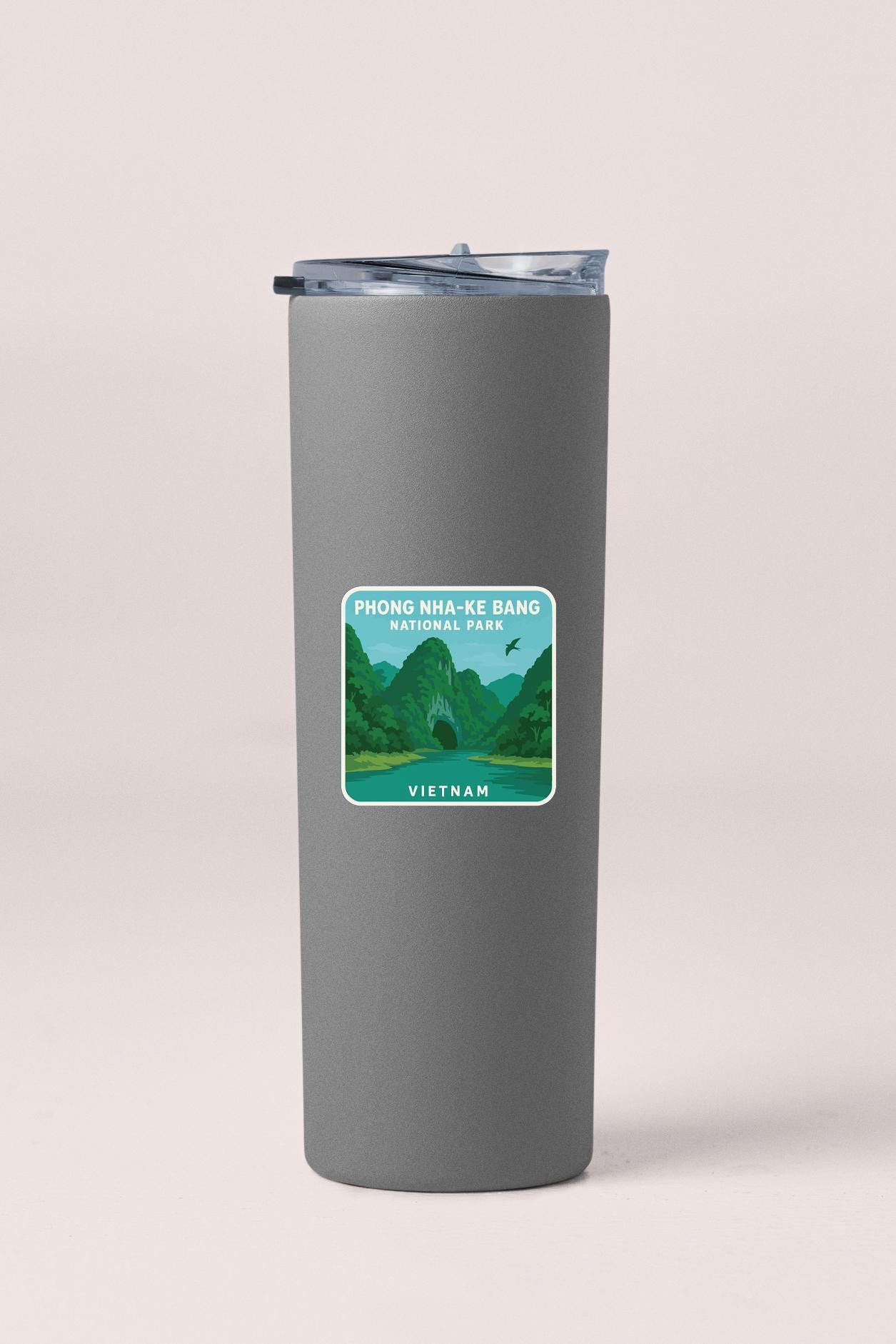 A gray tumbler with a label that says "Phong Nha-Ke Bang National Park, Vietnam".