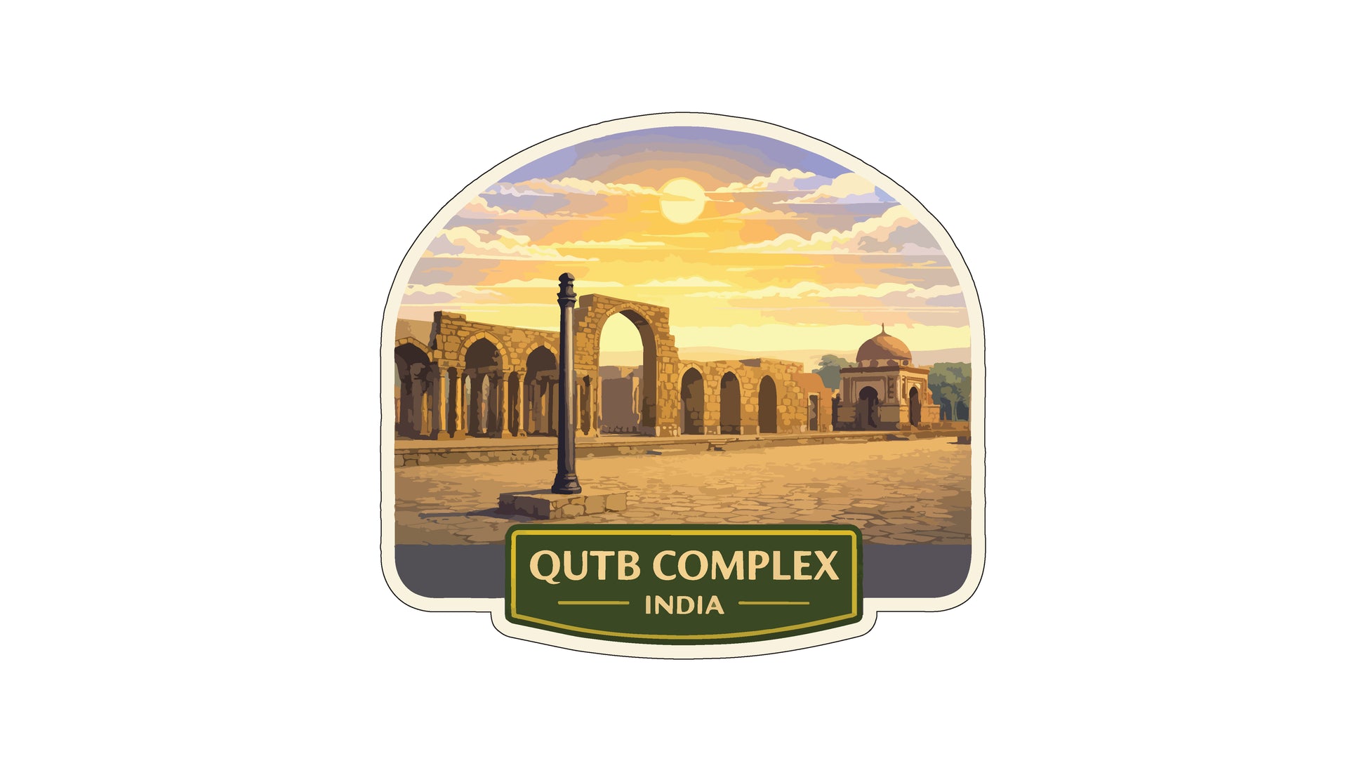 the Qutb Complex in India, featuring the Qutb, a large stone structure with arches, and the Qutb Complex itself.