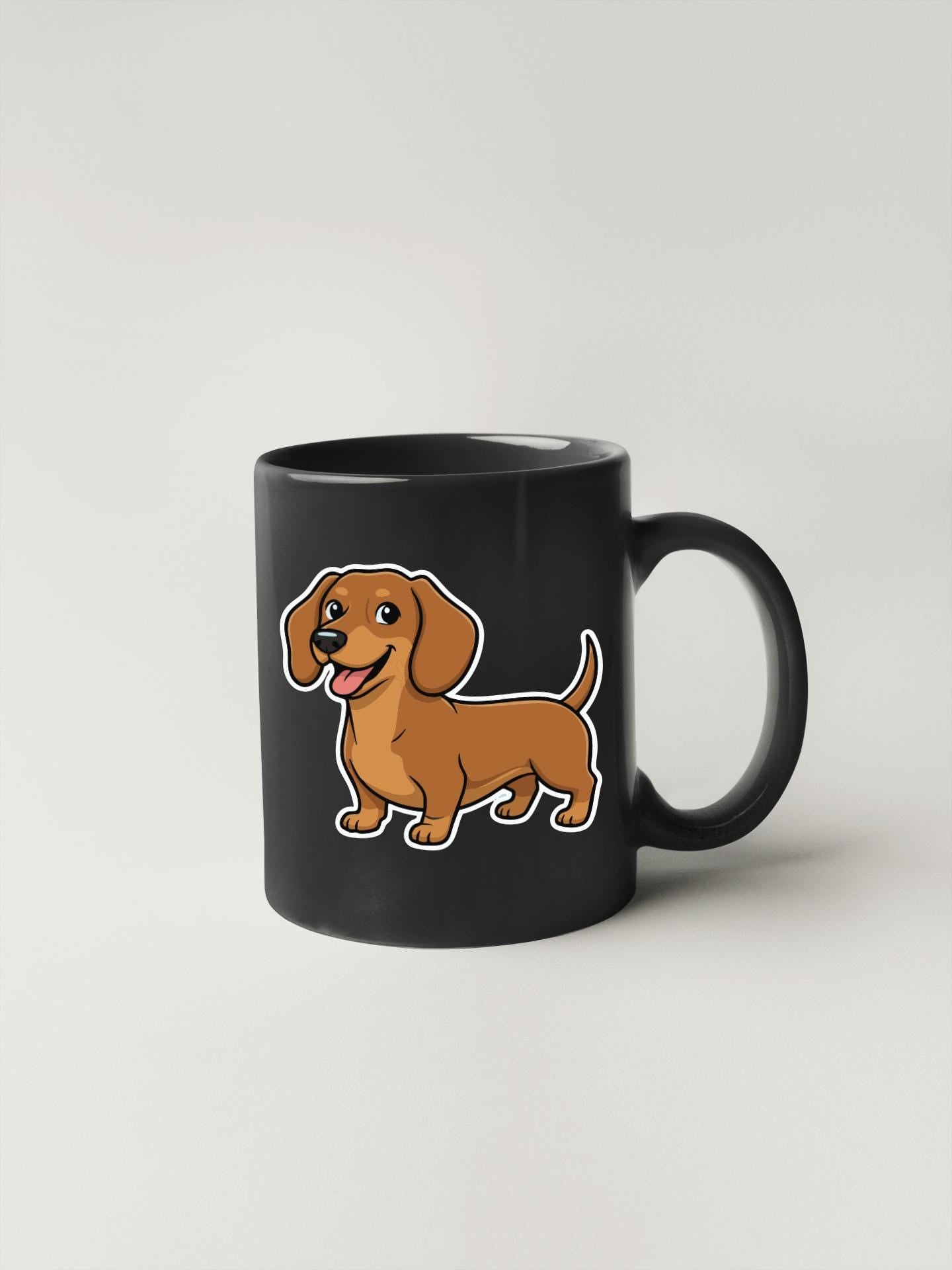 A black mug with a cartoon illustration of a brown dachshund dog on it.
