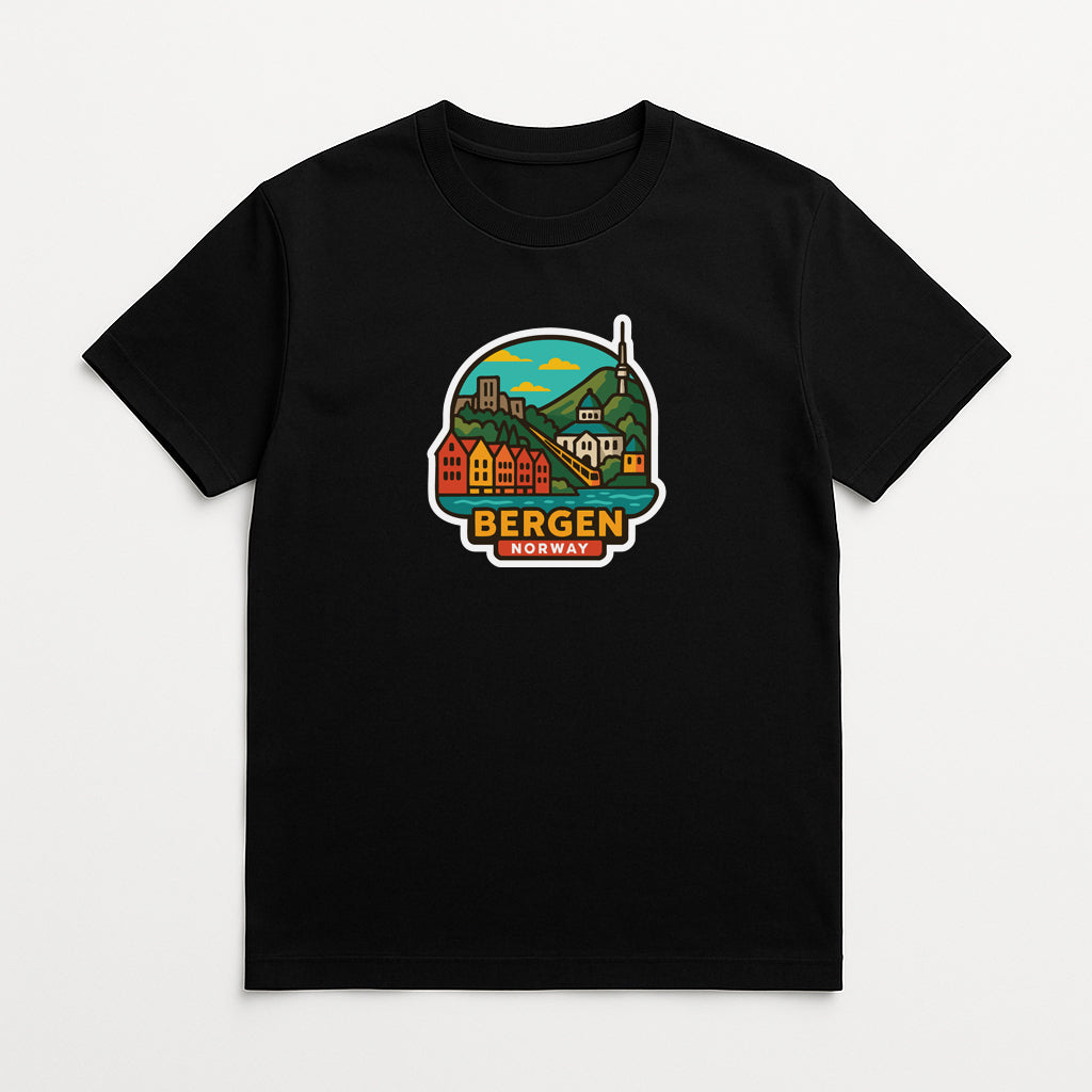 A black t-shirt with a colorful graphic depicting a scenic view of Bergen, Norway.