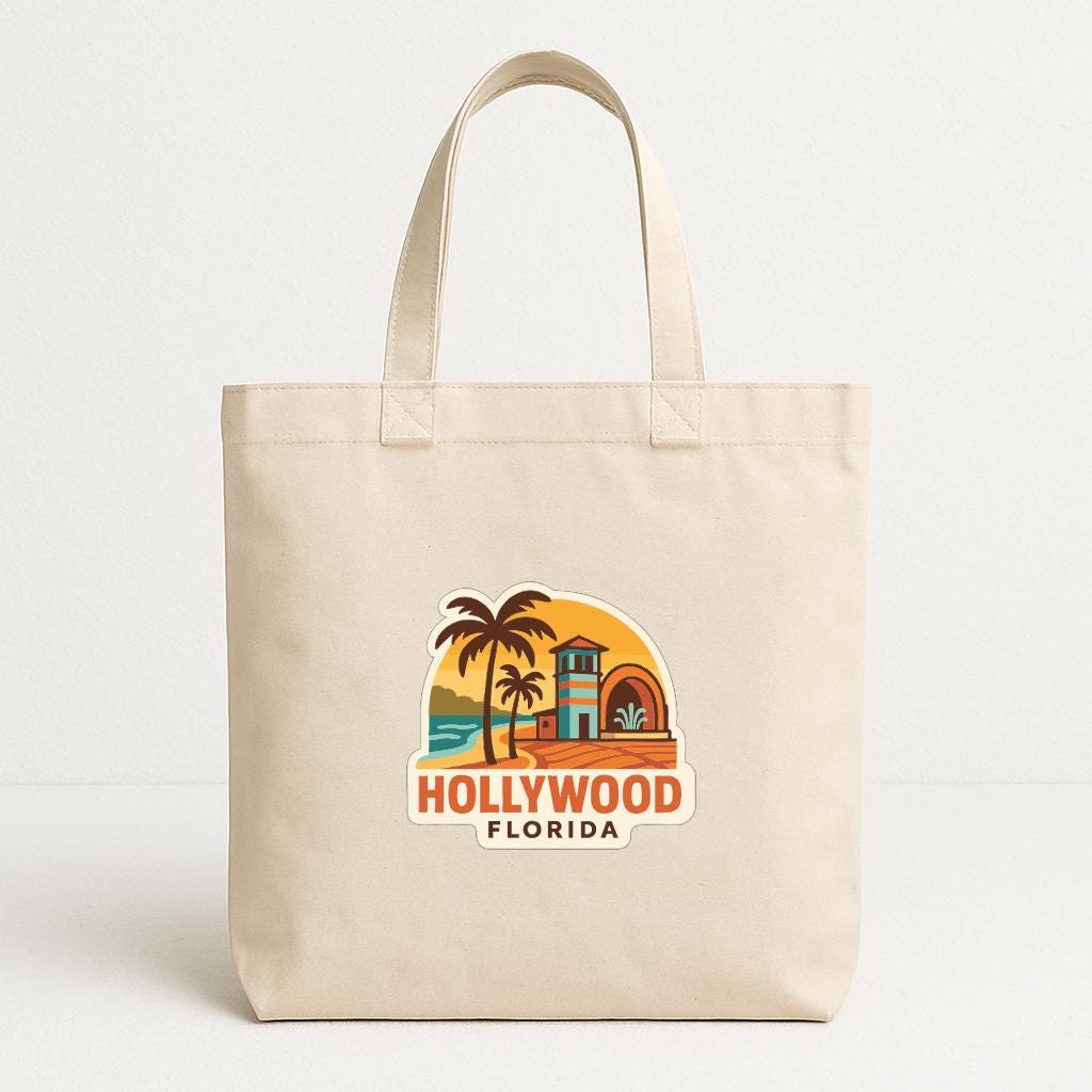 A beige tote bag with a graphic design depicting a beach scene and palm trees, along with the text "Hollywood, Florida".