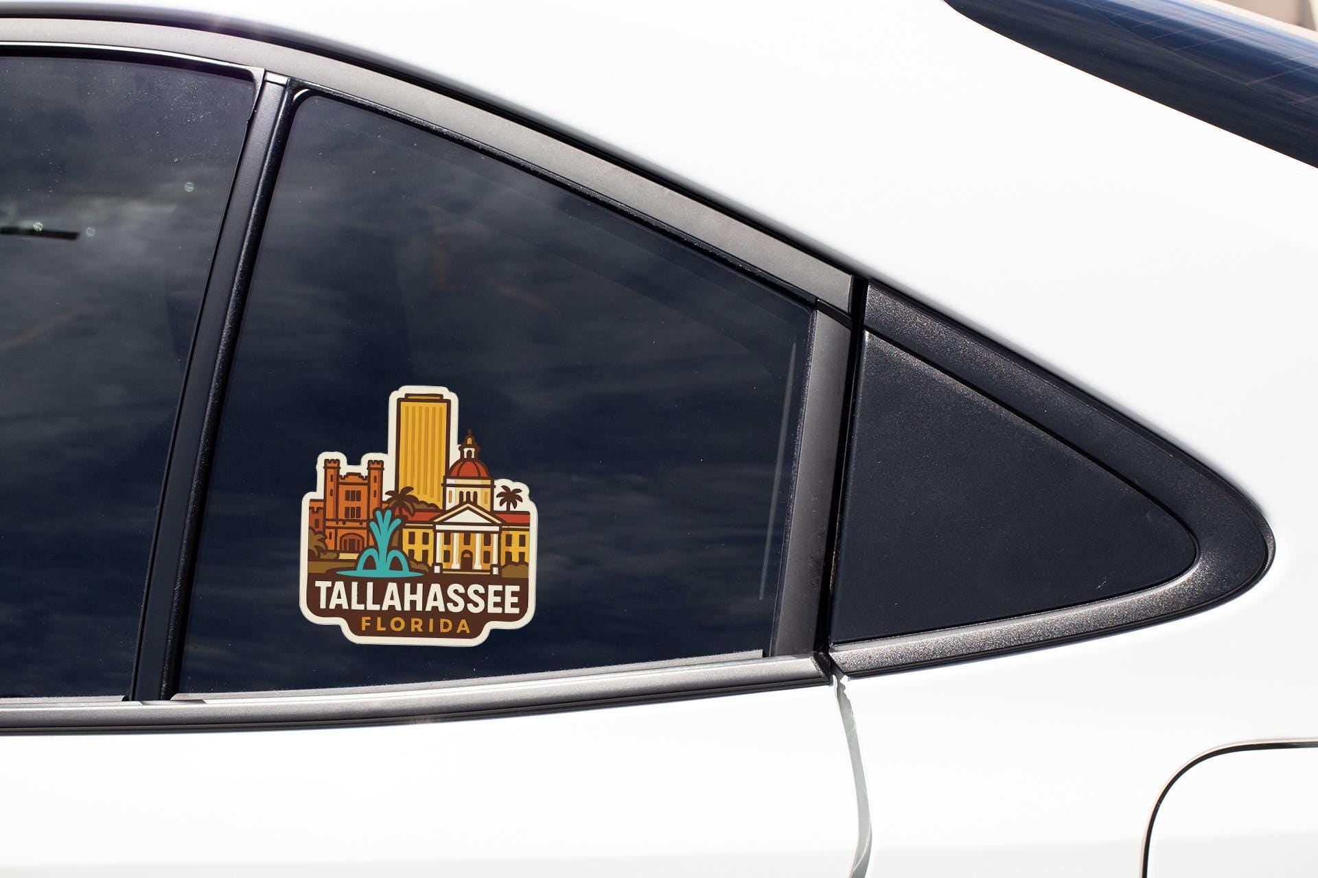 A sticker on the side of a car window, depicting the city of Tallahassee, Florida.