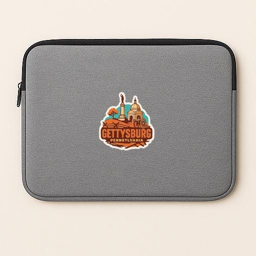 A gray laptop sleeve with a sticker of Gettysburg, Pennsylvania, printed on it.