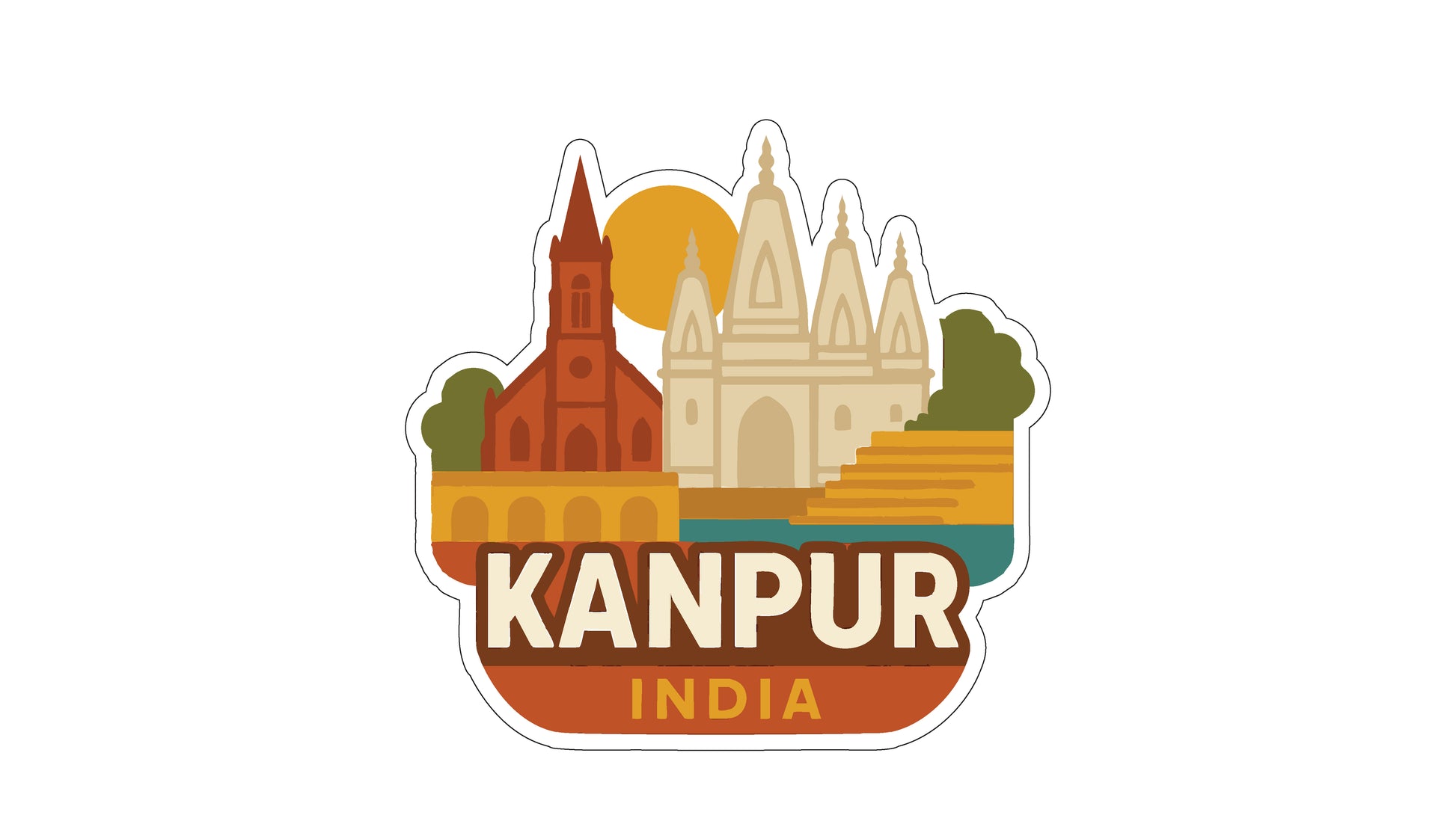 a sticker or logo with the name "Kanpur India" prominently displayed. The sticker includes various architectural elements, such as a church, a tower, and a bridge, along with a sun and a tree, creating a colorful and visually appealing representation of the city of Kanpur in India.