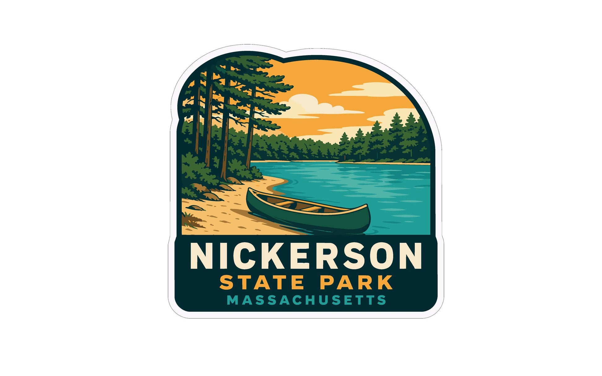 A sticker depicting a canoe on a lake surrounded by pine trees and a sunset sky, with the text "NICKERSON STATE PARK MASSACHUSETTS" below.