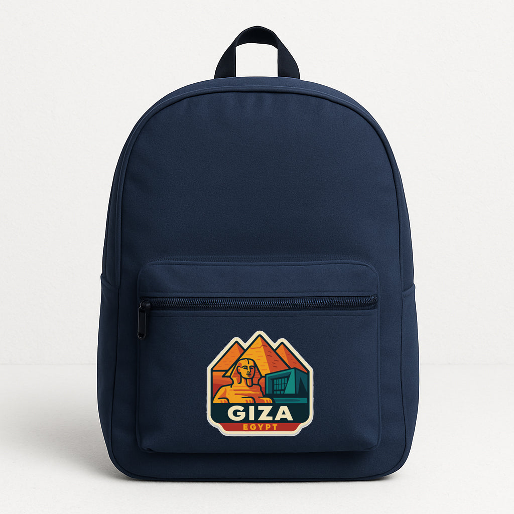A navy blue backpack with a graphic of the Giza pyramid and the word "Giza" printed on it.