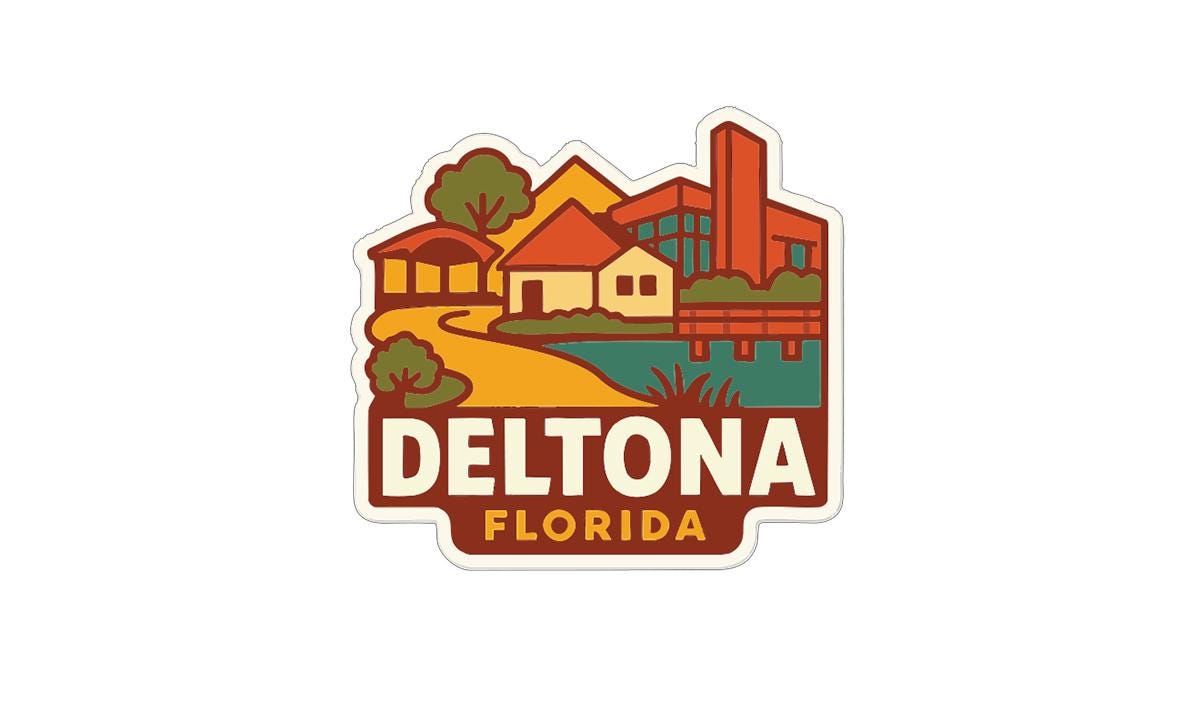 A sticker or logo depicting a scenic view of Deltona, Florida, with various buildings, trees, and a body of water.