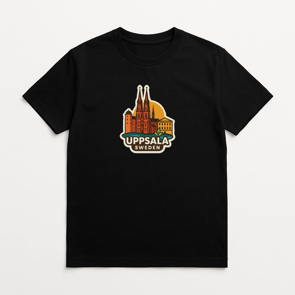 A black t-shirt with a graphic design depicting a city skyline and the text "Uppsala, Sweden" printed on it.