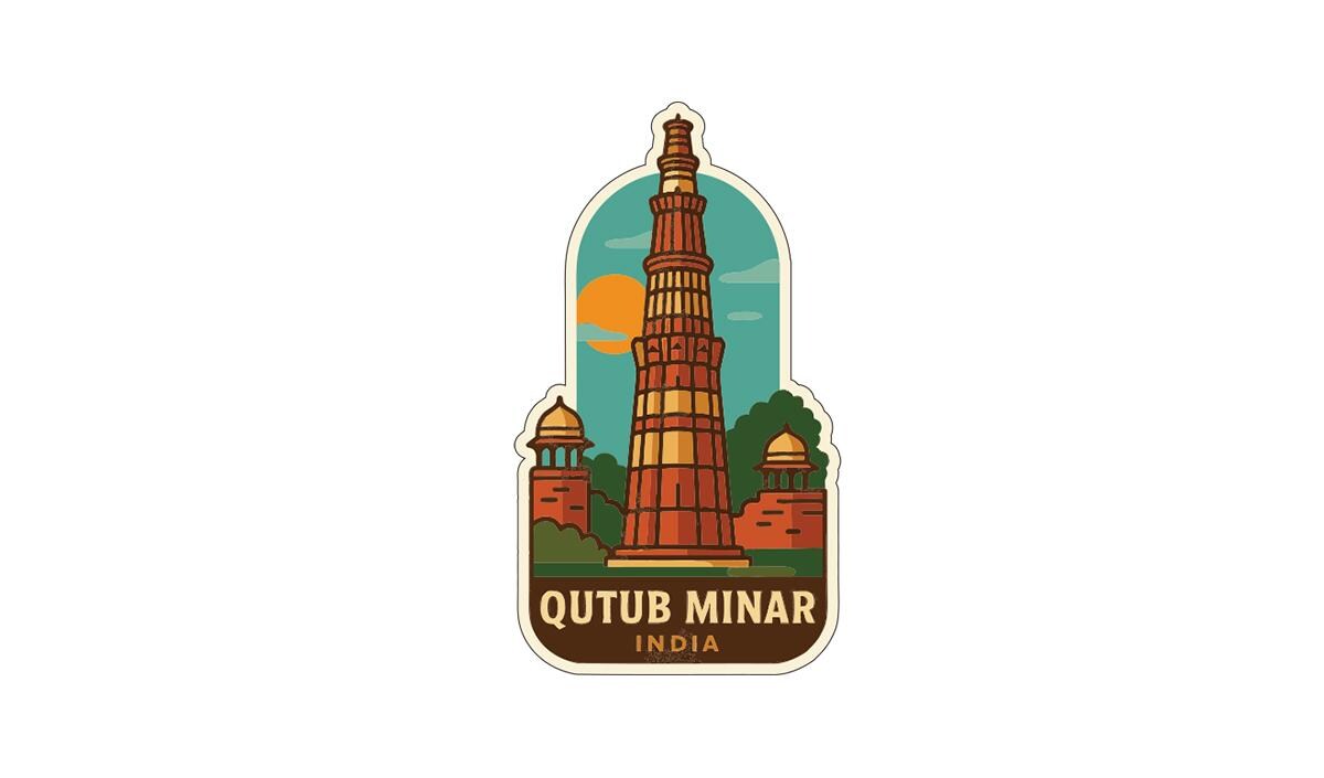 A sticker or illustration depicting the Qutub Minar, a famous mausoleum in Delhi, India.
