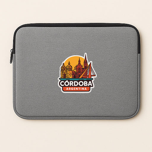 a gray laptop sleeve with a logo of Cordoba, Argentina, on it.