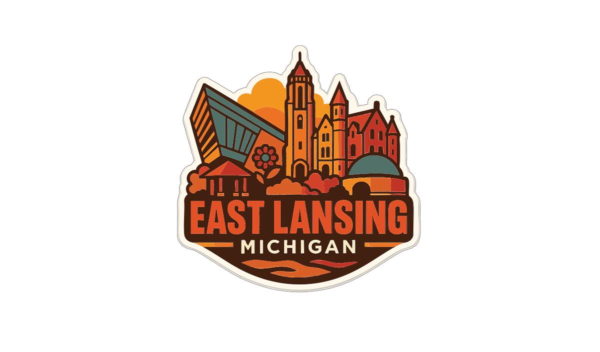 A stylized logo for East Lansing, Michigan, featuring a cityscape with various buildings and landmarks.