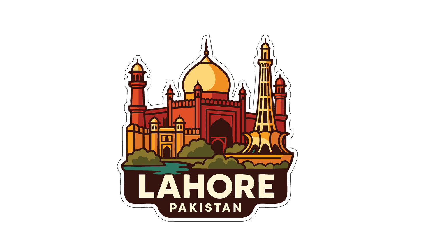 A sticker or illustration depicting the skyline of Lahore, Pakistan, with the city's iconic landmarks such as the Eiffel Tower and the National Mosque prominently featured.