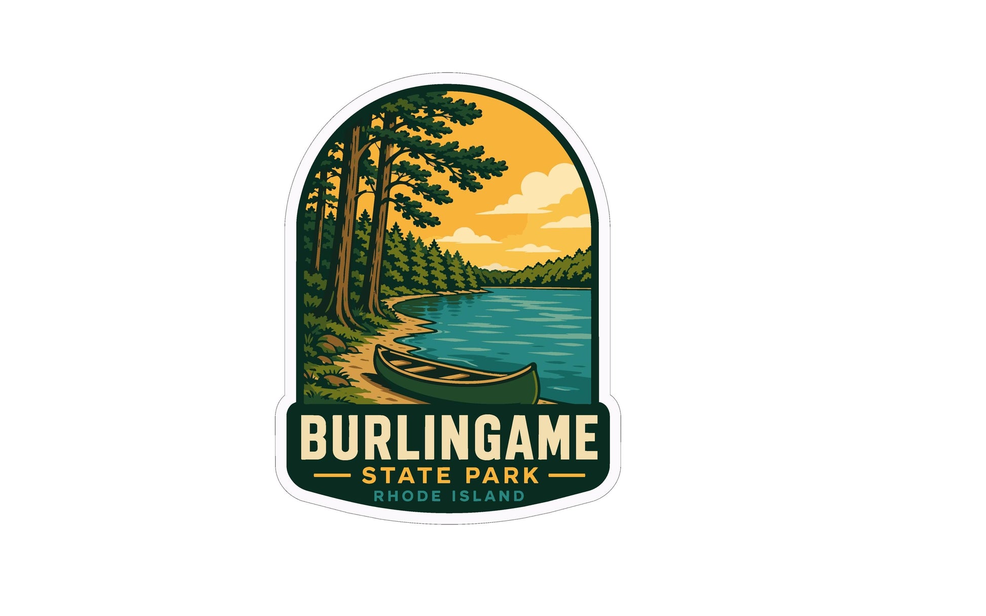 A sticker or emblem featuring a scenic landscape with a lake, trees, and a canoe, with the text "BURLINGAME STATE PARK RHODE ISLAND" prominently displayed.