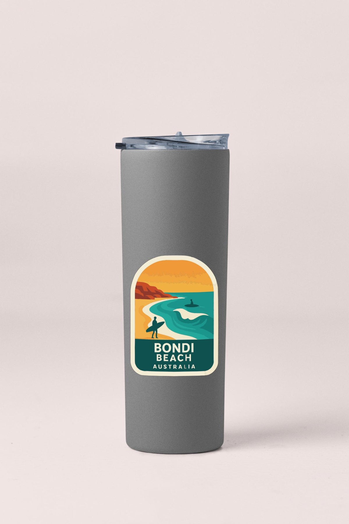A gray insulated tumbler with a label that says "BONDI BEACH AUSTRALIA".