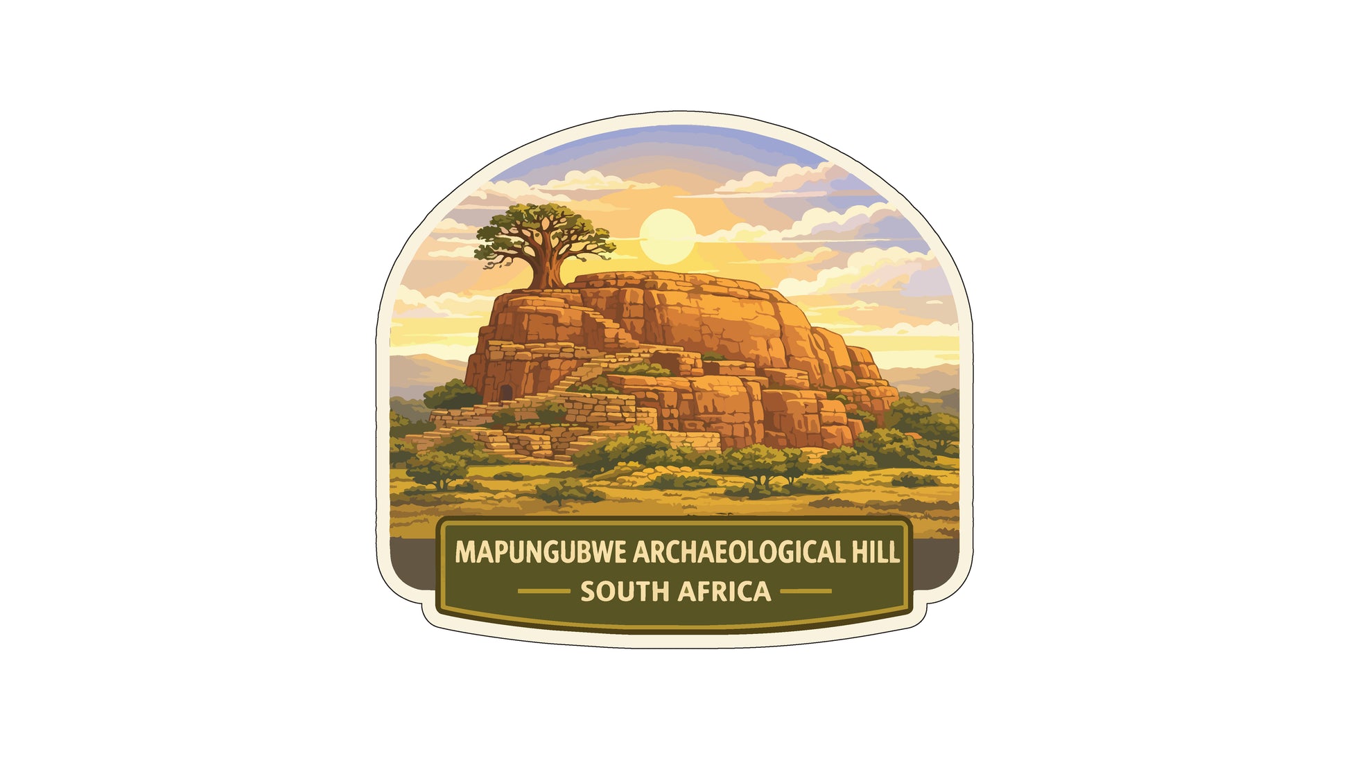 a large, rocky hill with a tree on top, set against a backdrop of a sunset sky.