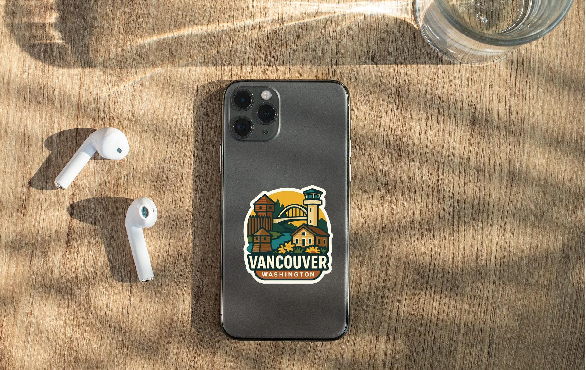 a smartphone with a sticker of Vancouver, Washington, placed on a wooden surface alongside a pair of white earbuds and a glass of water.