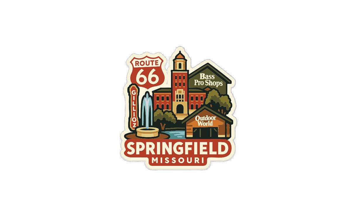 A sticker or emblem featuring the Route 66 in Missouri, with various landmarks and stores associated with the area.