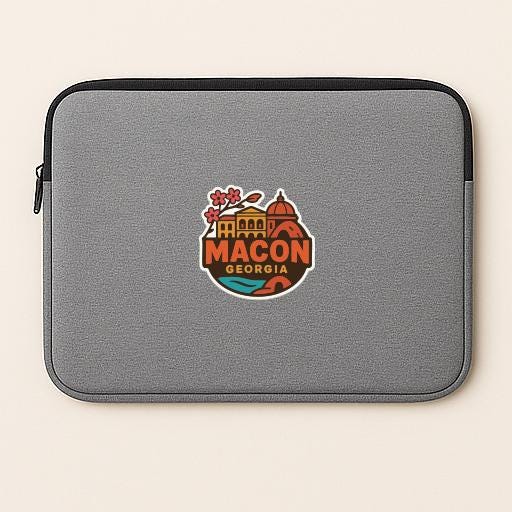 A gray laptop sleeve with a circular logo that says "Macon, Georgia".