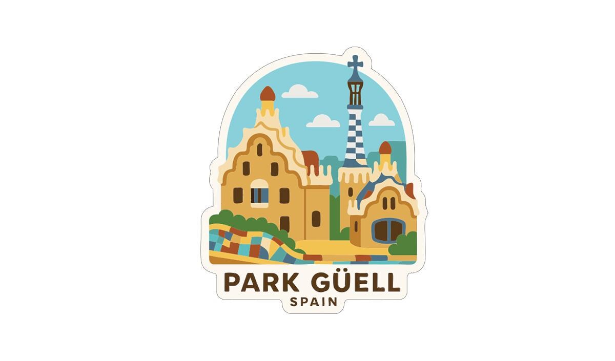 A sticker depicting the Park Güell in Spain, featuring colorful buildings and a blue sky with clouds.