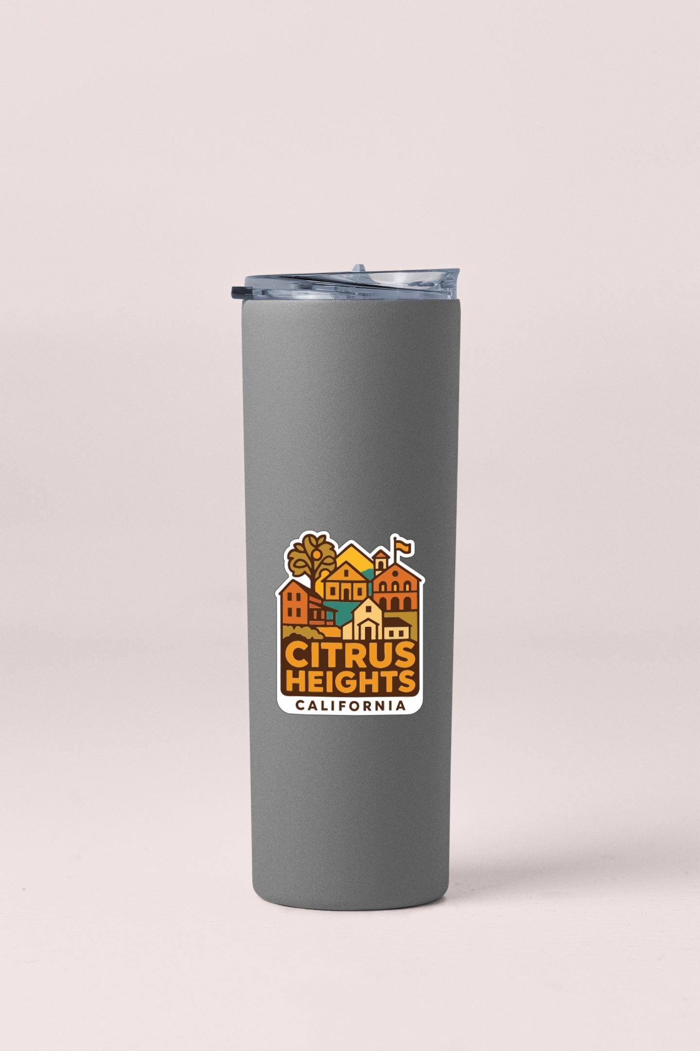 A gray insulated tumbler with a label that says "Citrus Heights, California".
