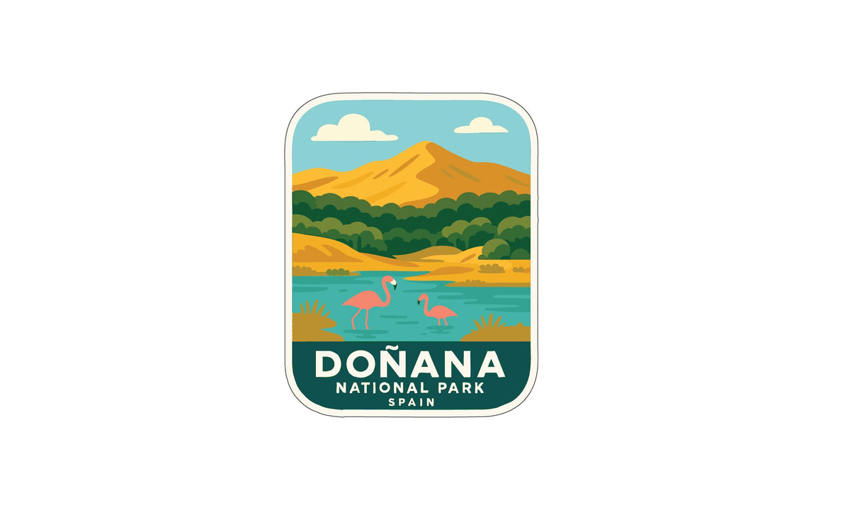 a sticker or label with a scenic landscape and two flamingos in the water, representing Donana National Park in Spain.