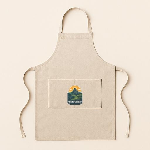 A beige apricot with a graphic of a mountain and the text "CASCADIAN HIKING" printed on it.