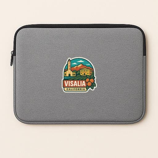 A gray laptop sleeve with a logo of Visalia, California, featuring a mountain, buildings, and an orange tree.