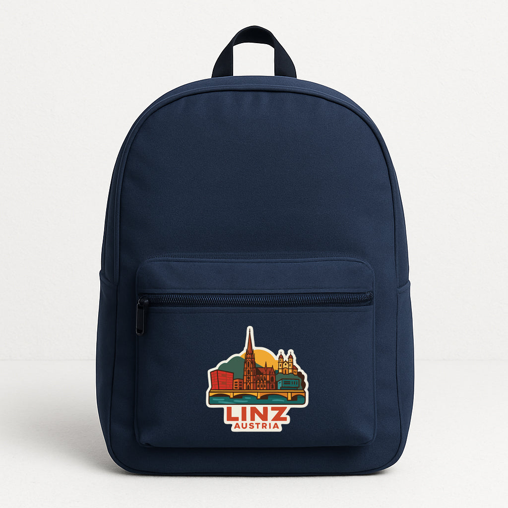 A navy blue backpack with a graphic of Linz, Austria on the front pocket.