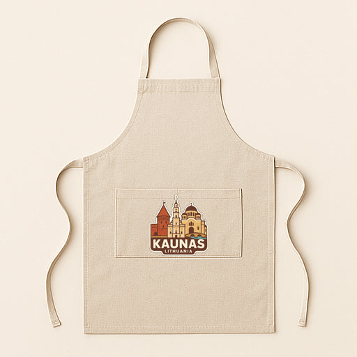 A beige apricot with a graphic of a city skyline and the text "Kaunas" printed on it.