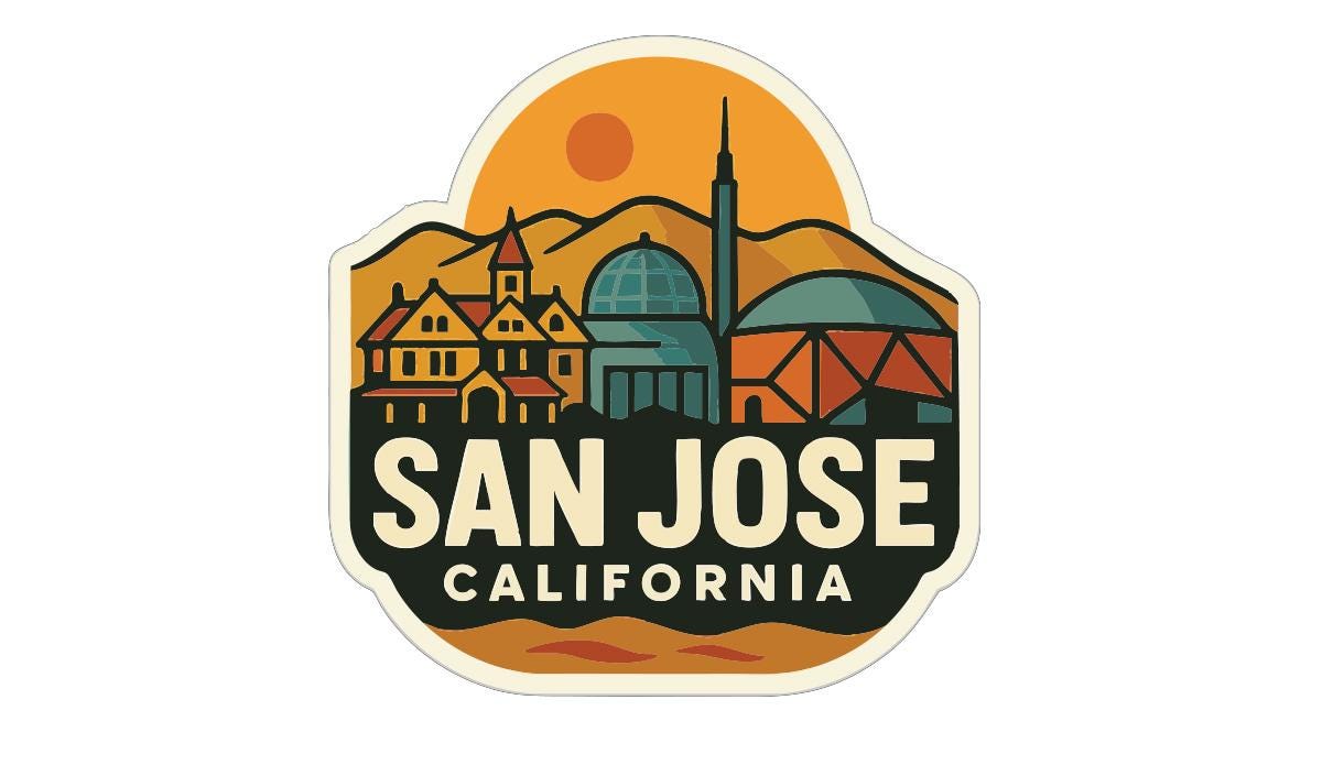 A sticker or emblem featuring the city of San Jose, California, with a stylized illustration of the city's skyline and landmarks.