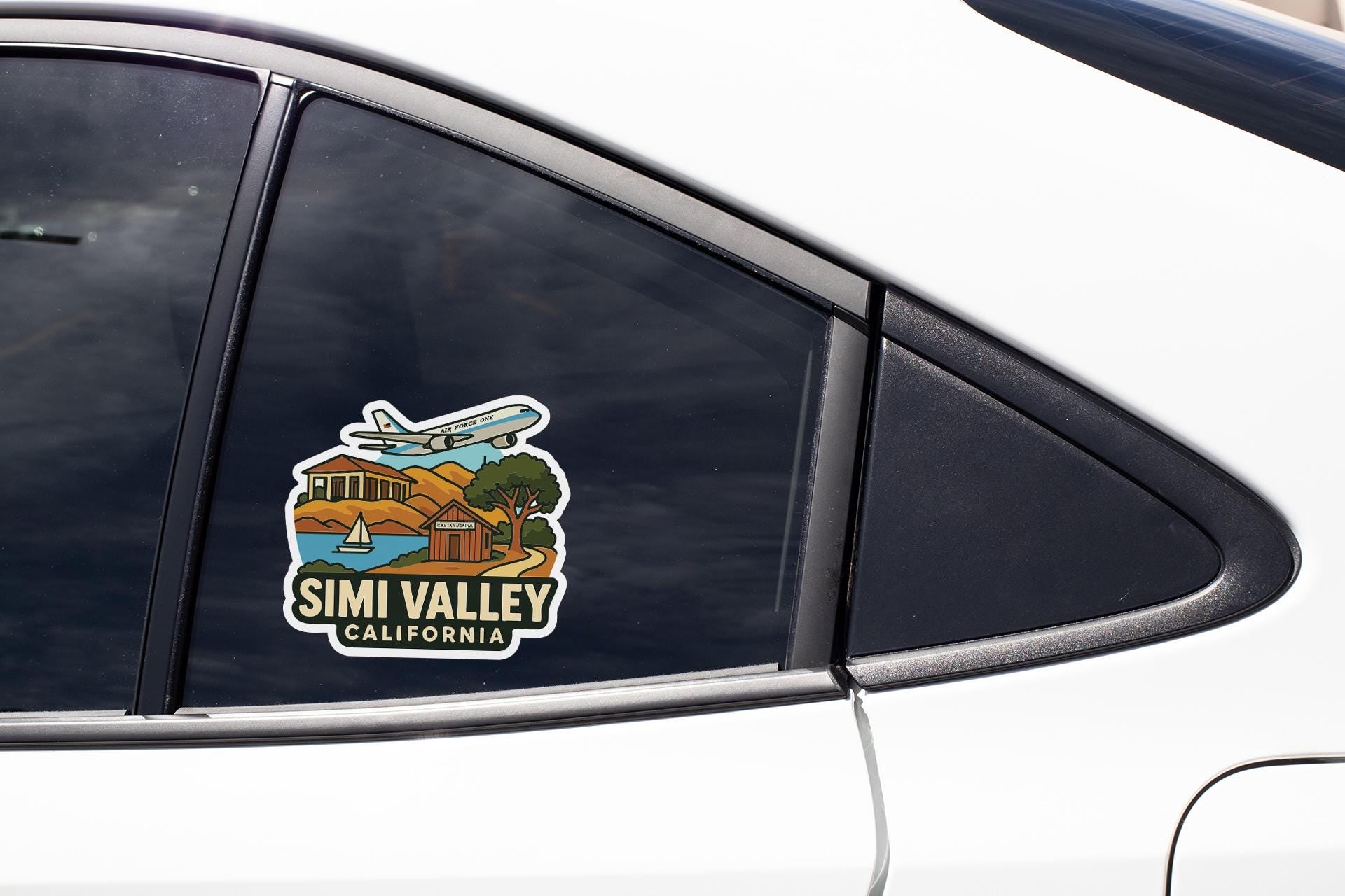 A sticker on the side of a car window, depicting a scenic image of Simi Valley, California.