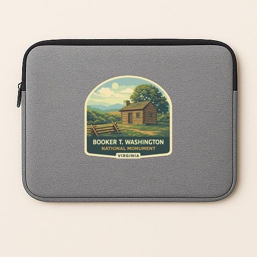 a gray laptop sleeve with a sticker depicting a cabin in a rural setting, along with the text "Booker T. Washington National Monument Virginia".