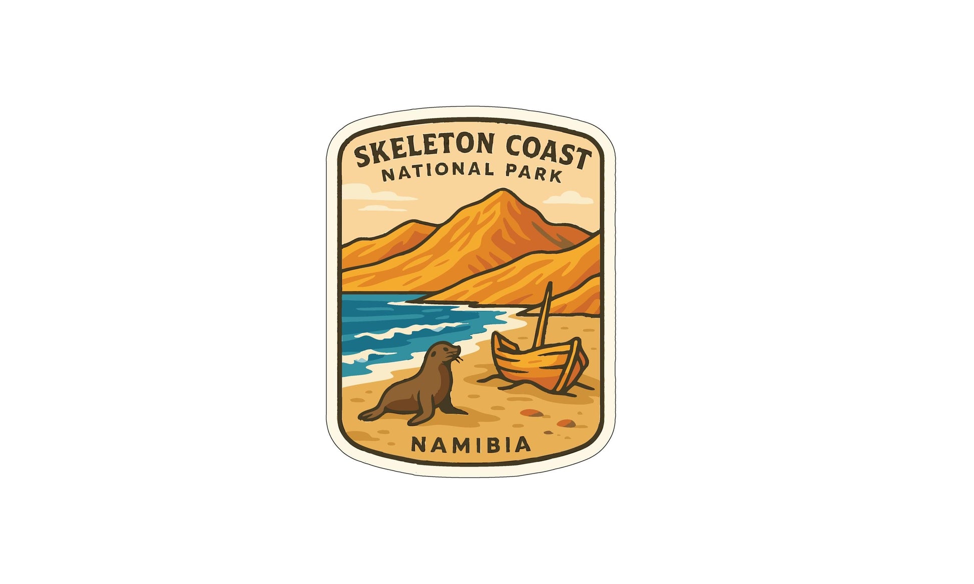 a sticker or emblem with a seal and a boat, depicting a coastal scene with mountains in the background.