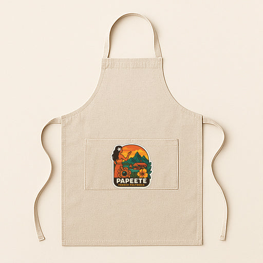 A beige apricot with a graphic design on the front pocket, featuring a woman and a mountain landscape.